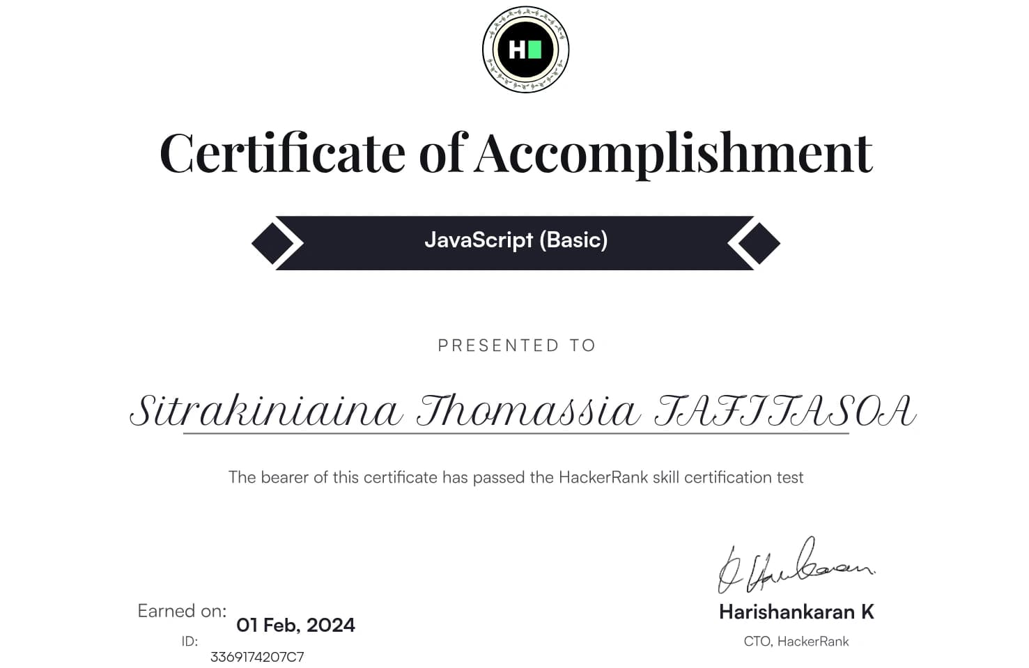 Certificat gratuit délivré par HackerRank
